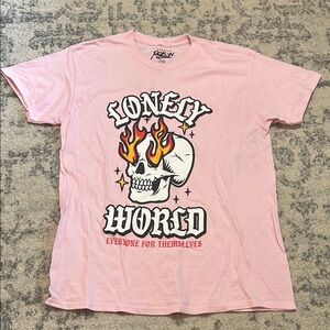 Pink Graphic Tee with Skull and Flames